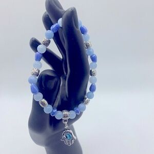 Evil Eye Hamsa Hand Charm, Blue Jade, Glass & Pewter Bead Stretch Bracelet